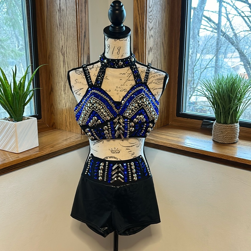 Black and Royal Blue 2 Piece Dance Costume w/Stoned/BeadedSequenced Bra Top